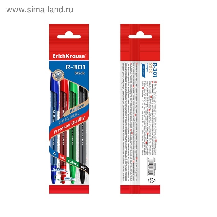 Набор ручек шариковых ErichKrause R-301 Original Stick, 4 штуки, стандартный узел 0,7 мм, чернила микс, корпус тонированный микс Набор ручек шариковых ErichKrause R-301 Original Stick, 4 штуки, стандартный узел 0,7 мм, чернила микс, корпус тонированный микс
