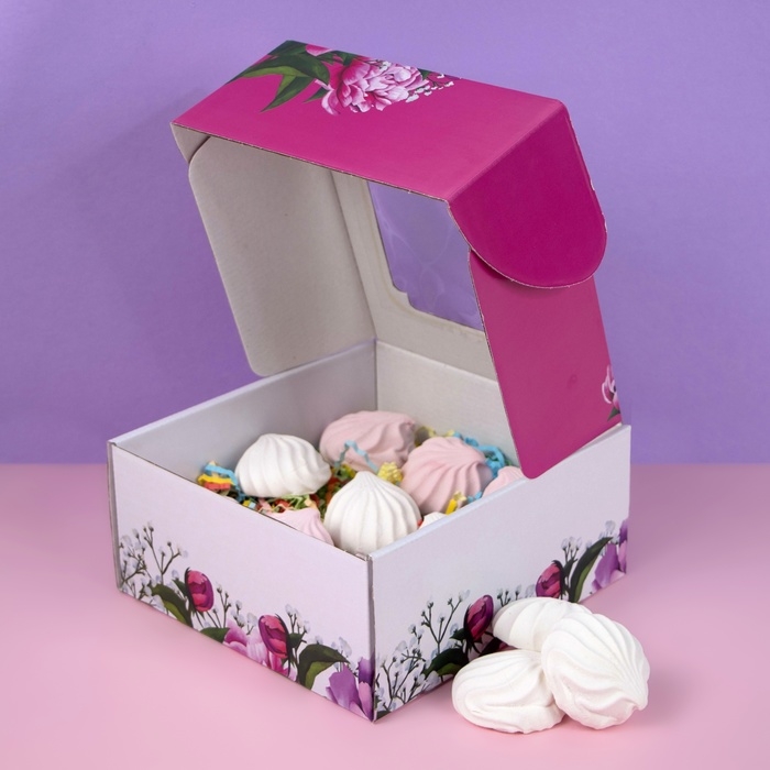 Коробка самосборная, с окном, Коробка самосборная, с окном, "Весенние пионы", 19 х 19 х 9 см