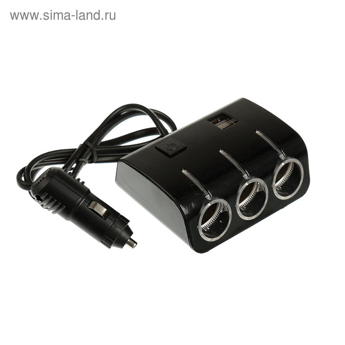 Разветвитель прикуривателя, 3 гнезда, 2 USB 1 А, 60 Вт, 12/24 В, подсветка, провод 70 см Разветвитель прикуривателя, 3 гнезда, 2 USB 1 А, 60 Вт, 12/24 В, подсветка, провод 70 см