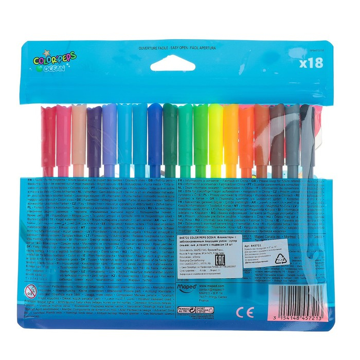 Фломастеры 18 цветов, Maped Color Peps Ocean, смываемые, европодвес Фломастеры 18 цветов, Maped Color Peps Ocean, смываемые, европодвес
