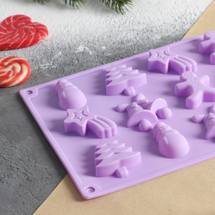 Форма для конфет и шоколада новогодняя Доляна «Ёлочки - иголочки», силикон, 30×17,3×1,3 см, 15 ячеек, цвет сиреневый Форма для конфет и шоколада новогодняя Доляна «Ёлочки - иголочки», силикон, 30×17,3×1,3 см, 15 ячеек, цвет сиреневый