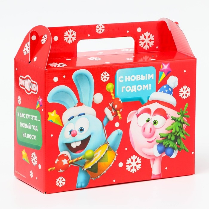 Новый год. Подарочная коробка Новогодняя Ларец простой Новый год. Подарочная коробка Новогодняя Ларец простой "Смешарики" лицензия 23 х 10 х 16,5 см (+4,5 см).
