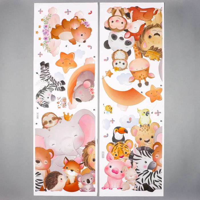 Наклейка пластик интерьерная цветная Наклейка пластик интерьерная цветная "Малыши зверята" 30х90 см набор 2 листа