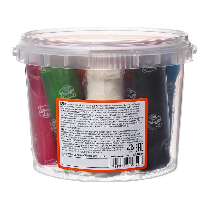 Тесто для лепки Мульти-Пульти  Тесто для лепки Мульти-Пульти "Енот в деревне", 12 цветов по 30 г, пластиковое ведро с крышкой