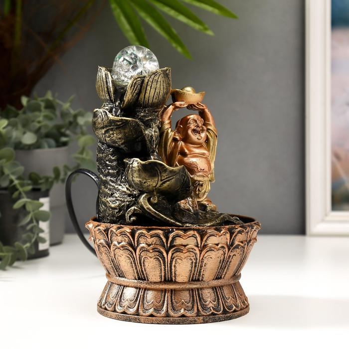 Фонтан настольный от сети, подсветка Фонтан настольный от сети, подсветка "Хотей со слитком золота у фонтана" 22,5х15х15 см