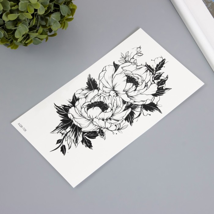 Татуировка на тело чёрная Татуировка на тело чёрная "Пионы чёрно-белые" 11,4х21 см