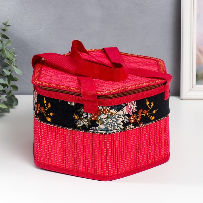 Шкатулка бамбук Шкатулка бамбук "Цветы на чёрном" красная, с ручками, молния 16х24х28 см