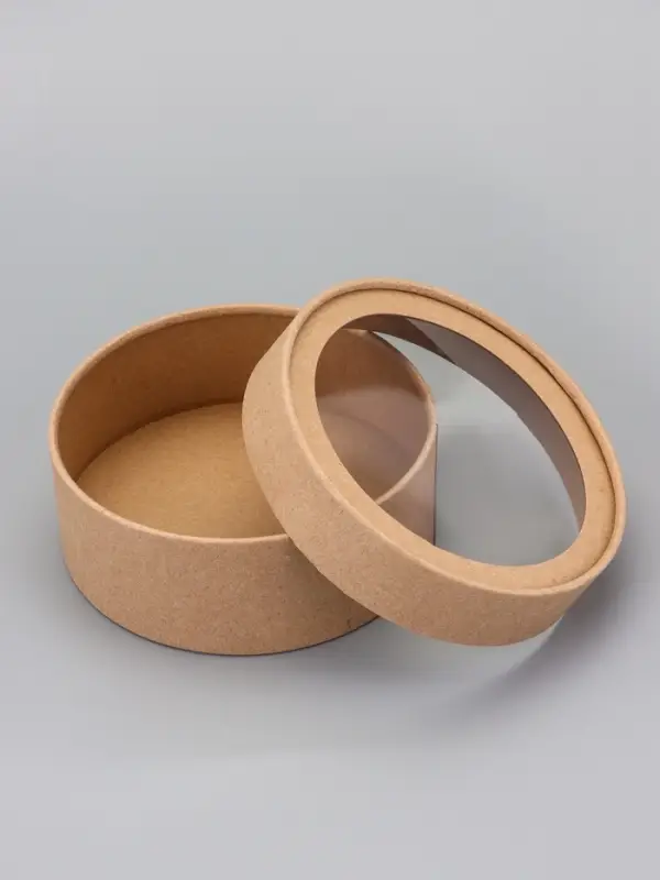 Коробка круглая подарочная, завальцованная с окном, крафт, 15&times;6 см
