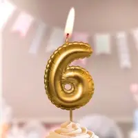 Свеча в торт на шпажке "Воздушая цифра", цифра "6", золото