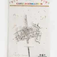 Топпер для торта со свечкой Happy Birthday, серебряный