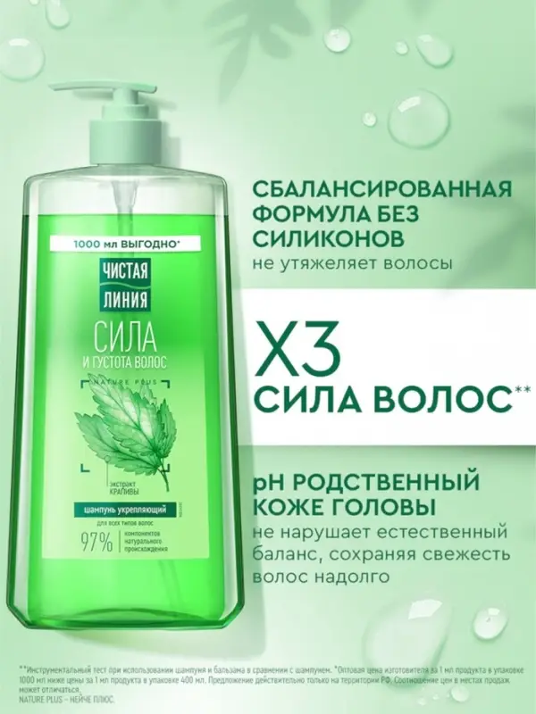 Шампунь для волос Чистая линия &laquo;Сила и густота&raquo; с экстрактом крапивы, 1000 мл