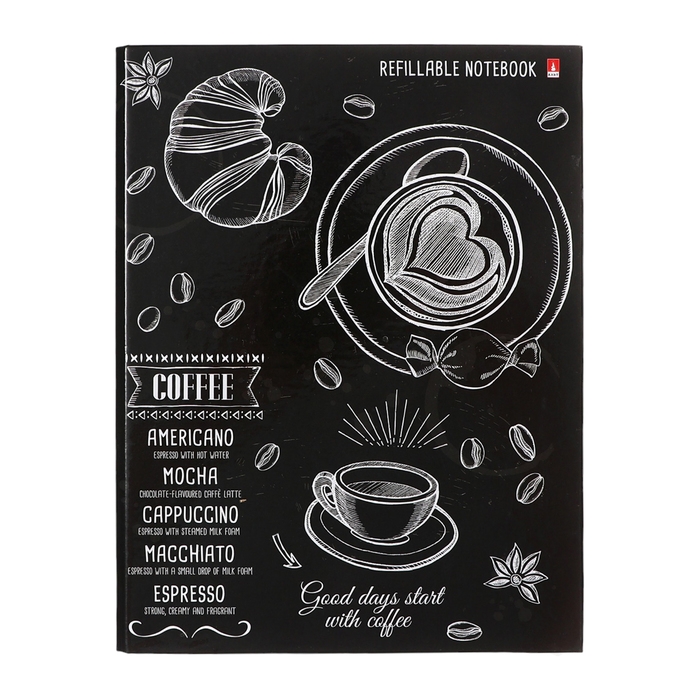 Тетрадь на кольцах 80 листов в клетку CAFFEE NERO, со смен блоком, твердая обложка, глянцевое ламинирование, блок 60 г/м2 Тетрадь на кольцах 80 листов в клетку CAFFEE NERO, со смен блоком, твердая обложка, глянцевое ламинирование, блок 60 г/м2