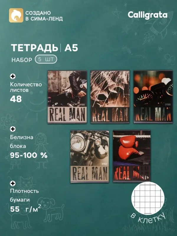 Тетради 5 штук, 48 листов в клетку Real Man, обложка мелованный картон, блок офсет