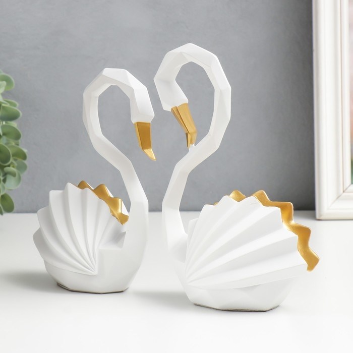 Сувенир полистоун Сувенир полистоун "Лебеди, крылья гофре" белый с золотом набор 2 шт 17,5х12,5х7 20х14х7 см