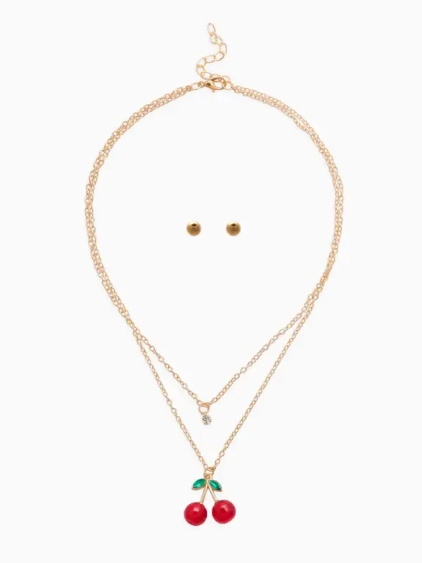 Набор 2 предмета: пуссеты, кулон &laquo;Вишенка со стразинкой&raquo;, 50+40 см, d=4, красный в золоте