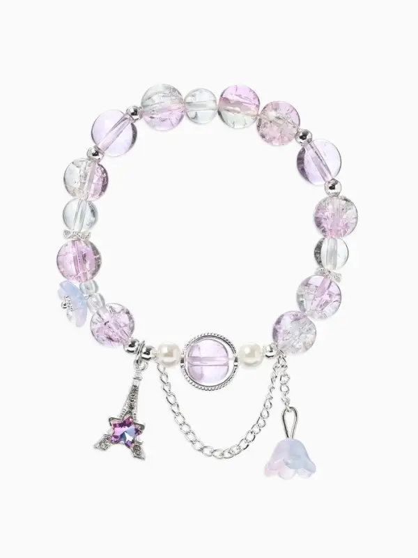 Браслет с подвесками &laquo;Сахарный. Башня с цветами&raquo;, d=6 см, шар №10/8, фиолетовый, розовый в серебре