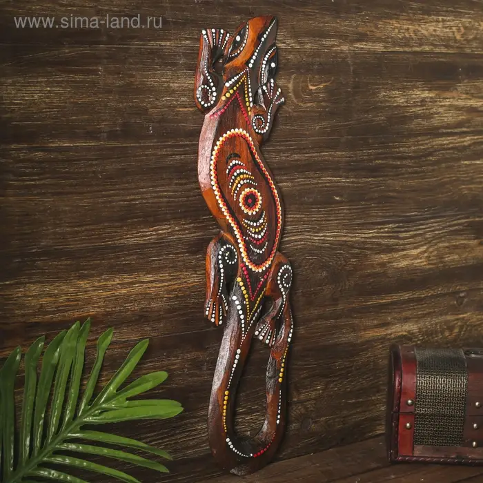 Панно настенное дерево  Панно настенное дерево "Геккон с цветком и узором" 1x12x50 см