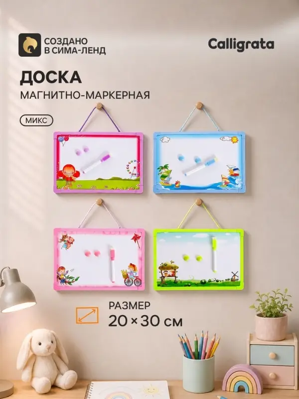 Доска магнитная, маркер и 2 магнита в комплекте, МИКС