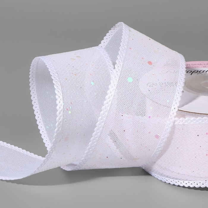 Лента декоративная, с глиттером, 38 мм, 9 ± 0,5 м, цвет белый/радужный Лента декоративная, с глиттером, 38 мм, 9 ± 0,5 м, цвет белый/радужный