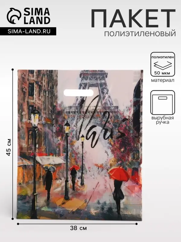 Пакет &laquo;Дождь в Париже&raquo;, полиэтиленовый с вырубной ручкой, 38&times;45 см, 50 мкм