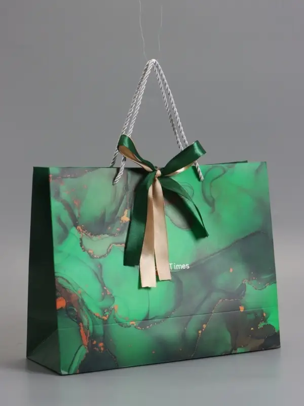 Пакет подарочный "Мрамор", зеленый с бантиком, 32 х 25 х 11 см