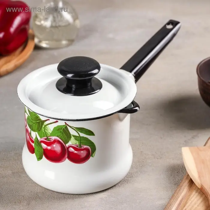 Ковш эмалированный &laquo;Вишнёвый сад&raquo;, 1 л, с крышкой, металлическая ручка, белый