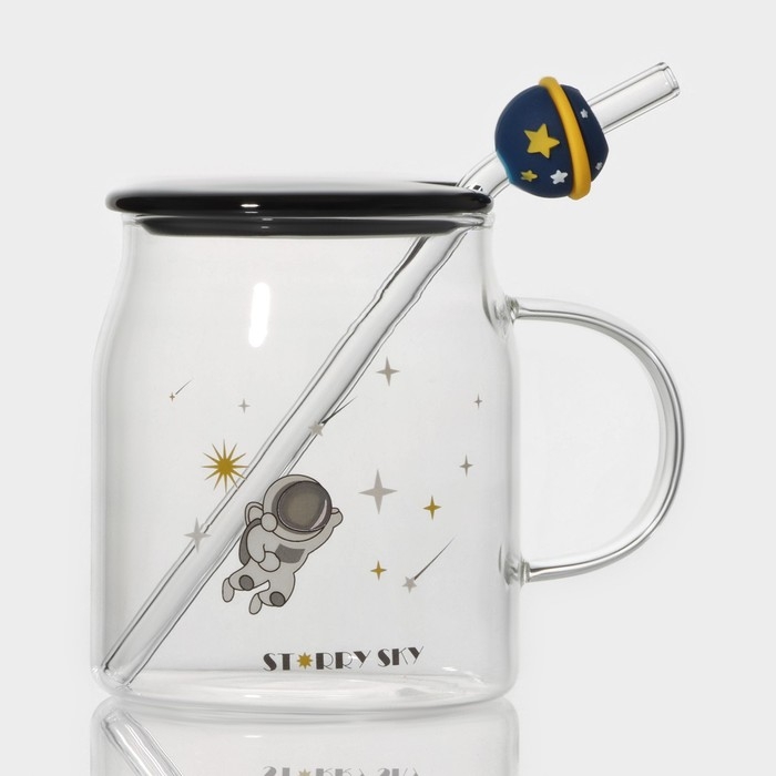 Кружка стеклянная с керамической крышкой и трубочкой «Космос», 500 мл, цвет МИКС Кружка стеклянная с керамической крышкой и трубочкой «Космос», 500 мл, цвет МИКС