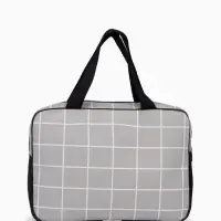 Косметичка-сумка на молнии, с ручками, с сеткой, большая, в клетку, бежевая