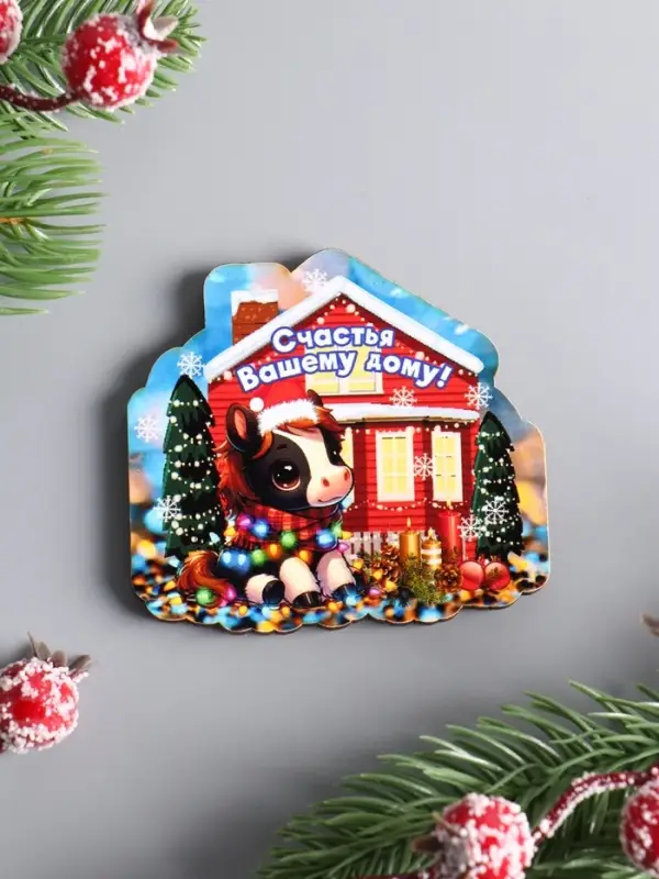 Магнит новогодний 2026 «Счастья Вашему дому», размер магнита 7×6.5 см