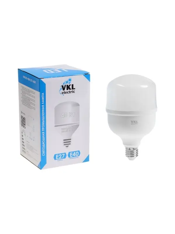 Лампа светодиодная VKL electric, бочка, 40 Вт, E27, переходник Е40, 3800 Лм, 6500K, IP20, 100&times;159мм,