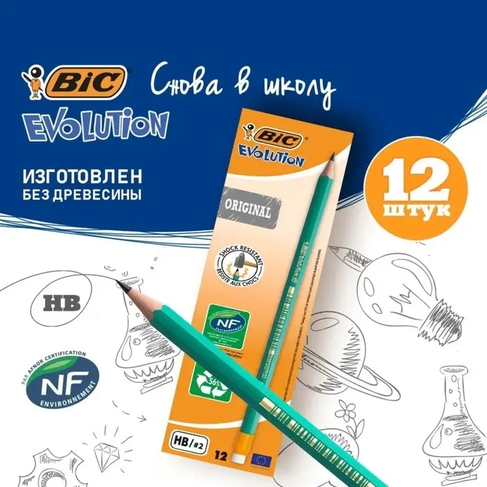 Карандаш чернографитный (простой) НВ, BIC Evolution, заточенный, пластиковый, c ластиком, шестигранный, зелёный корпус Карандаш чернографитный (простой) НВ, BIC Evolution, заточенный, пластиковый, c ластиком, шестигранный, зелёный корпус