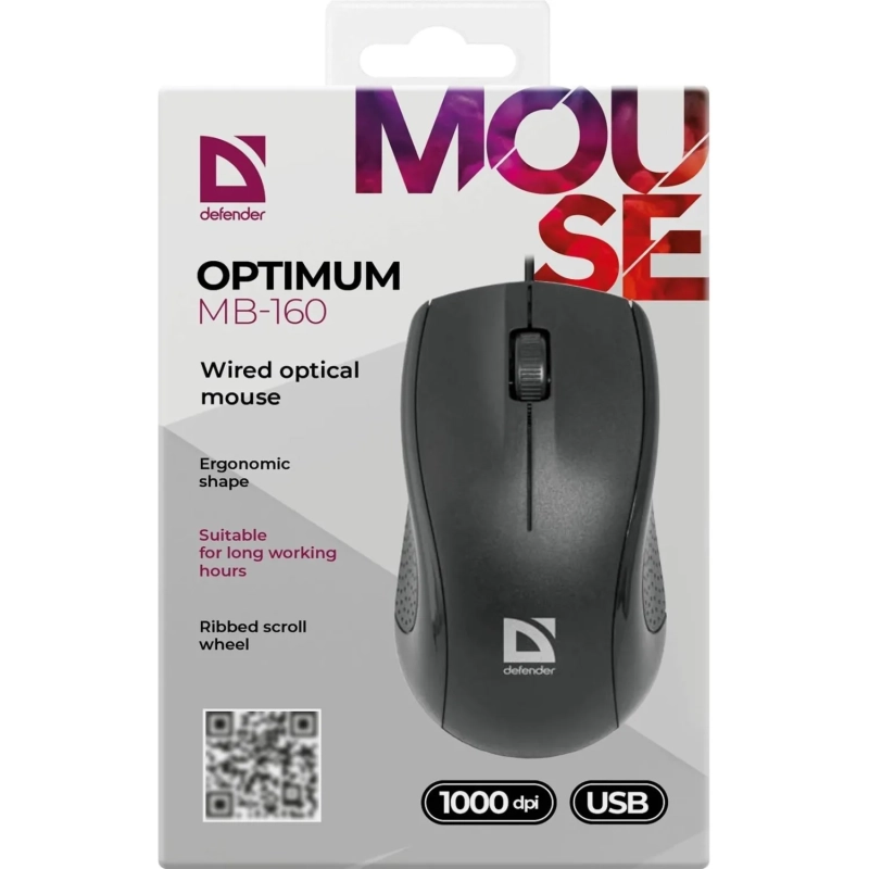 Мышь компьютерная Defender Optimum MB-160 черн,3кн,проводн. 1000dpi (52160)