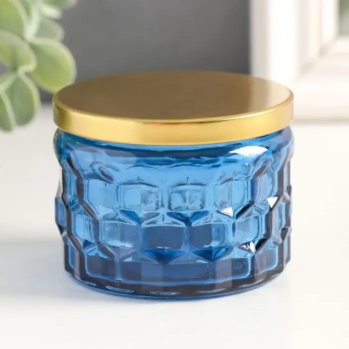 Банка для свечей стеклянная с крышкой «Соты» синяя 5×7×7 см, МИКС Банка для свечей стеклянная с крышкой «Соты» синяя 5×7×7 см, МИКС