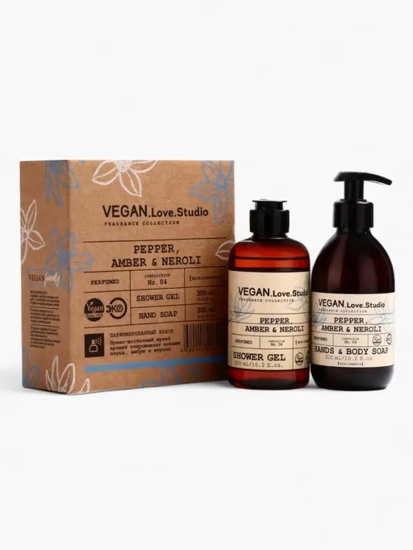 Набор женский VEGAN.Love.Studio   Набор женский VEGAN.Love.Studio  "Pepper, Amber, Neroli": гель для душа 300 мл + мыло для рук 300 мл