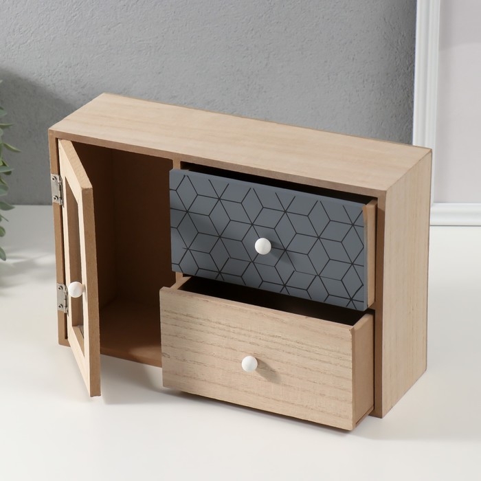 Шкатулка дерево 2 ящика и дверца  Шкатулка дерево 2 ящика и дверца "Геометрия" беж с чёрным 9,5х28х18,5 см