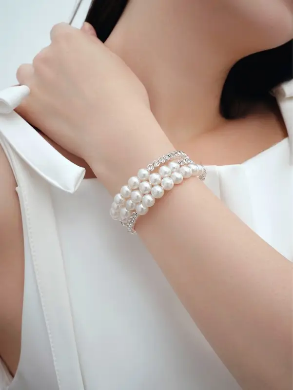 Браслет пружинка &laquo;Жемчуг. Стразы&raquo;, d=6 см, шар №8, белый в серебре