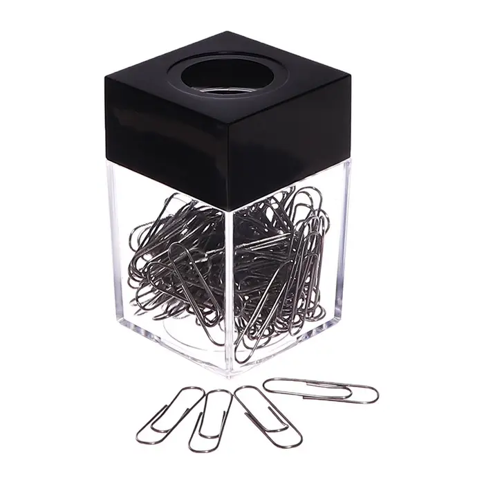 Скрепочница квадратная с магнитом прозрачная пластик, скрепки 28 мм-100 штук