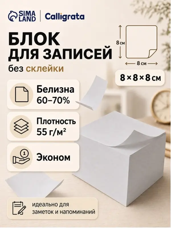Блок бумаги для записей Calligrata, 8&times;8&times;8 см, 55 г/м&sup2;, белый, белизна 70-80%