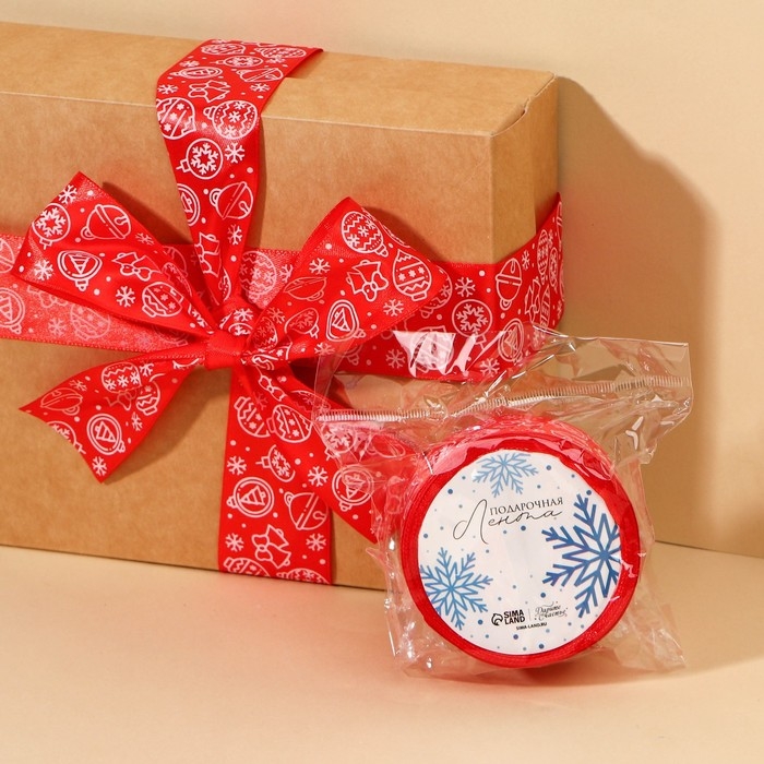 Лента атласная «Ёлочные украшения», красная , 4 см × 5 м Лента атласная «Ёлочные украшения», красная , 4 см × 5 м