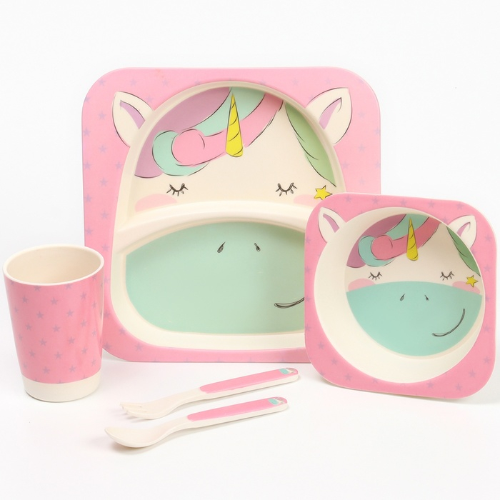 Набор бамбуковой посуды «Единорожка», тарелка, миска, стакан, приборы, 5 предметов Набор бамбуковой посуды «Единорожка», тарелка, миска, стакан, приборы, 5 предметов
