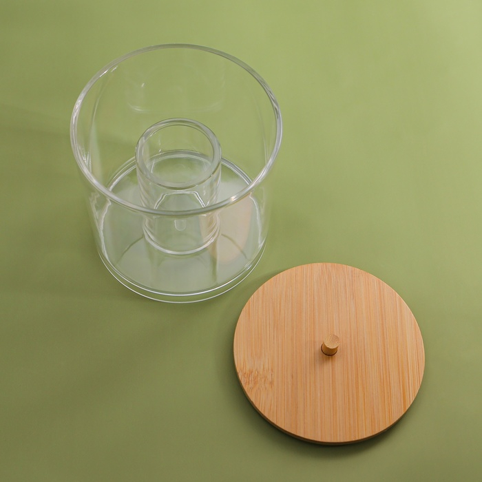 Органайзер для хранения ватных палочек «BAMBOO», с крышкой, d = 9,5 × 9,7 см, в картонной коробке, цвет прозрачный/коричневый