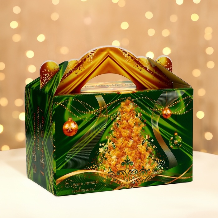 Подарочная коробка Подарочная коробка "Праздничный шелк взеленом" новогодняя Чемоданчик средний 20 x 12 x 19 см 1065302