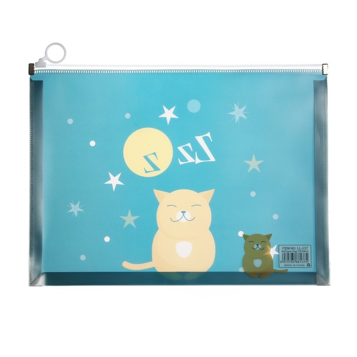 Папка-конверт на молнии формат А4, 180мкр, прозрачная с рисунком Папка-конверт на молнии формат А4, 180мкр, прозрачная с рисунком "Котик", МИКС