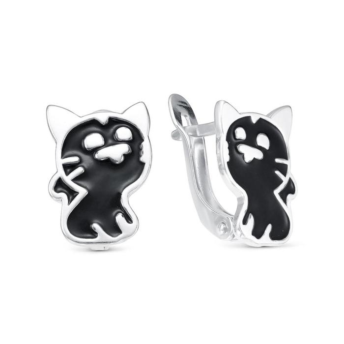 Серьги детские «Котёнок», посеребрение, цвет чёрный Серьги детские «Котёнок», посеребрение, цвет чёрный