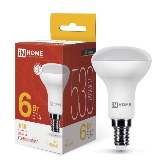 Лампа светодиодная IN HOME LED-R50-VC, 6 Вт, 230 В, Е14, 3000 К, 530 Лм Лампа светодиодная IN HOME LED-R50-VC, 6 Вт, 230 В, Е14, 3000 К, 530 Лм