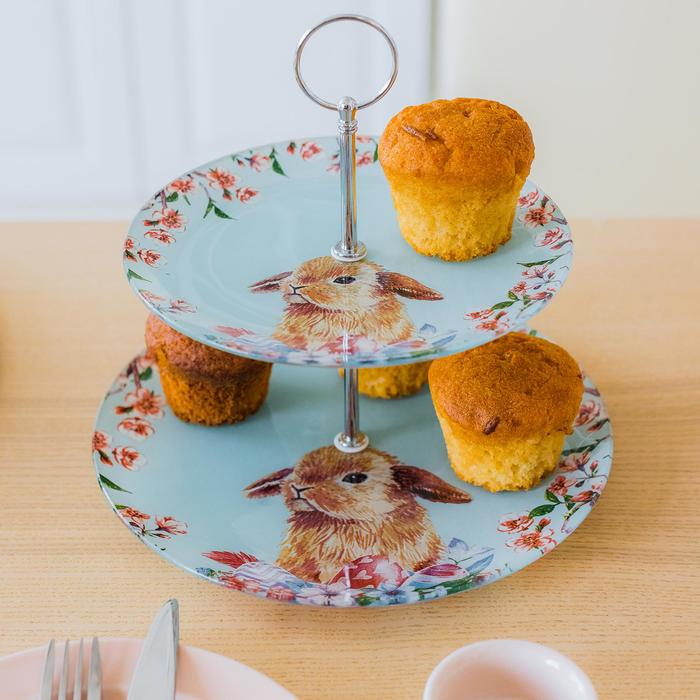 Фруктовница стеклянная 2-х ярусная круглая Доляна «Кролик», d=25/20 см, цвет голубой Фруктовница стеклянная 2-х ярусная круглая Доляна «Кролик», d=25/20 см, цвет голубой