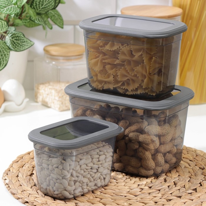 Набор ёмкостей для сыпучих продуктов «Респект», 3 шт, 0,8 л, 1,3 л, 2,3 л, прозрачные, крышка серая