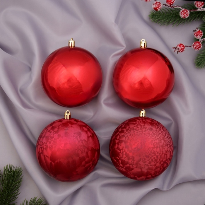 Ёлочные игрушки, шары новогодние , пластик, набор d-10 см, 4 шт Ёлочные игрушки, шары новогодние , пластик, набор d-10 см, 4 шт "Чары волшебства" красный