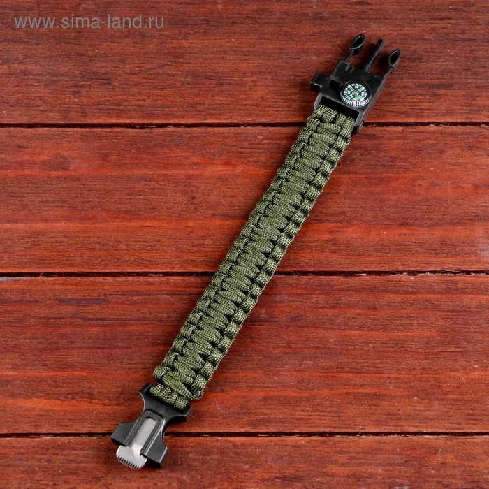 Браслет для выживания 4в1 (паракорд, компас, свисток, огниво), тёмно-зелёный, 25.5×2.5см, 3м