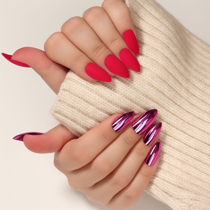 Накладные ногти, 12 шт, с клеевыми пластинами, форма миндаль, матовые/хромированные, красные, розовые